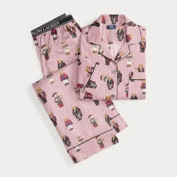 $198 Women's Ralph Lauren Polo Bear Cotton Sateen Red Pajamas 2-pc Gift Bag Set